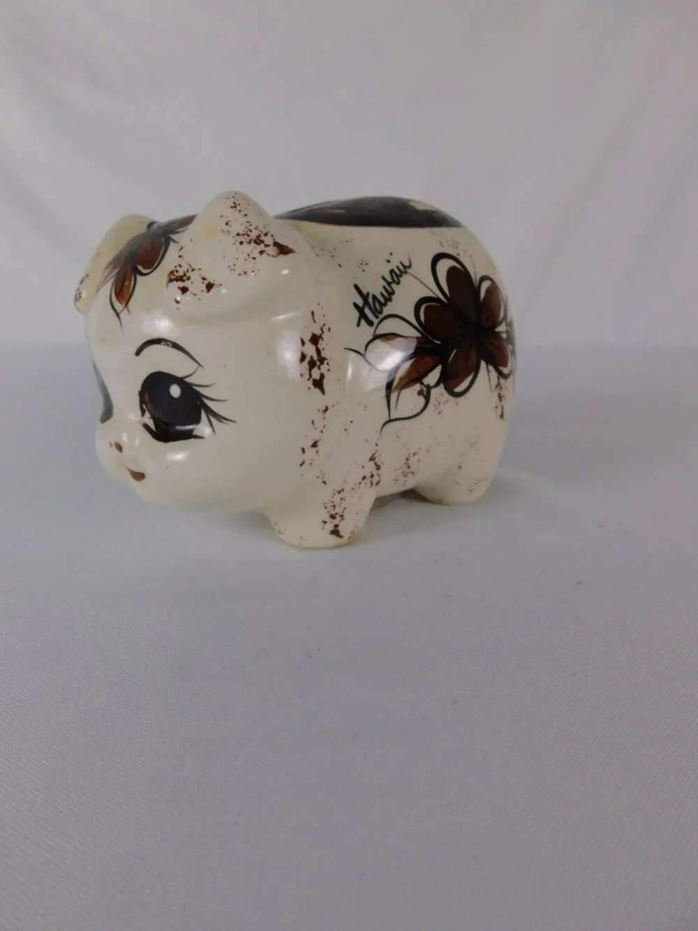 Vintage Hawaii Small Ceramic Piggy Coin Bank Brown Flower Kawaii Decor Figurine